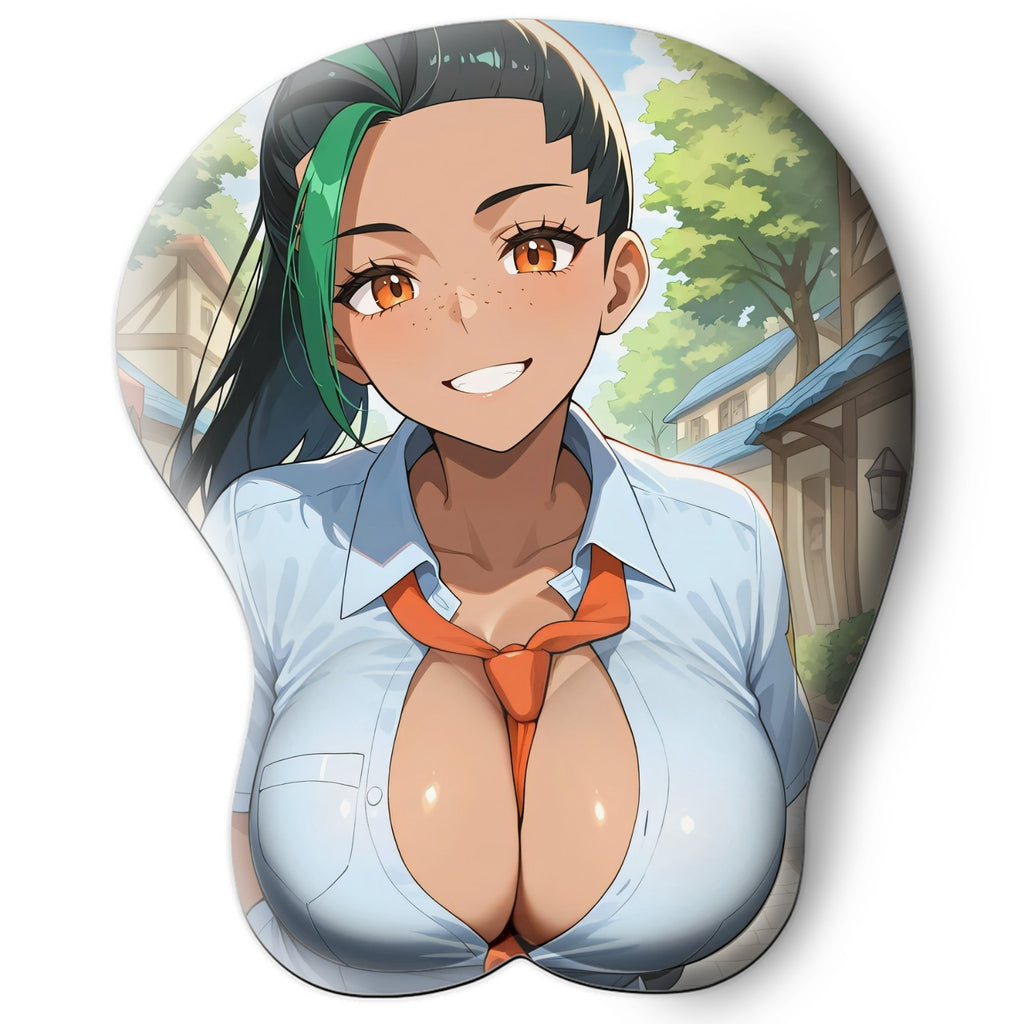 3D oppai Anime Mouse Pad with Silicone Wrist Support, Non-Slip Ergonomic Shape, Pokemon Anime Character Nemona #01
