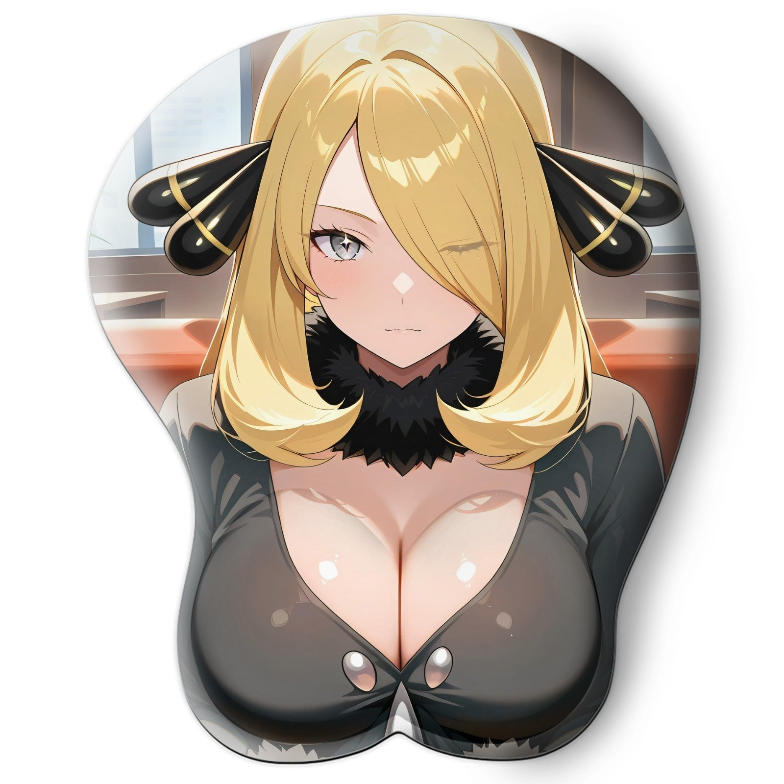3D oppai Anime Mouse Pad with Silicone Wrist Support, Non-Slip Ergonomic Shape, Pokemon Anime Character Cynthia  #01