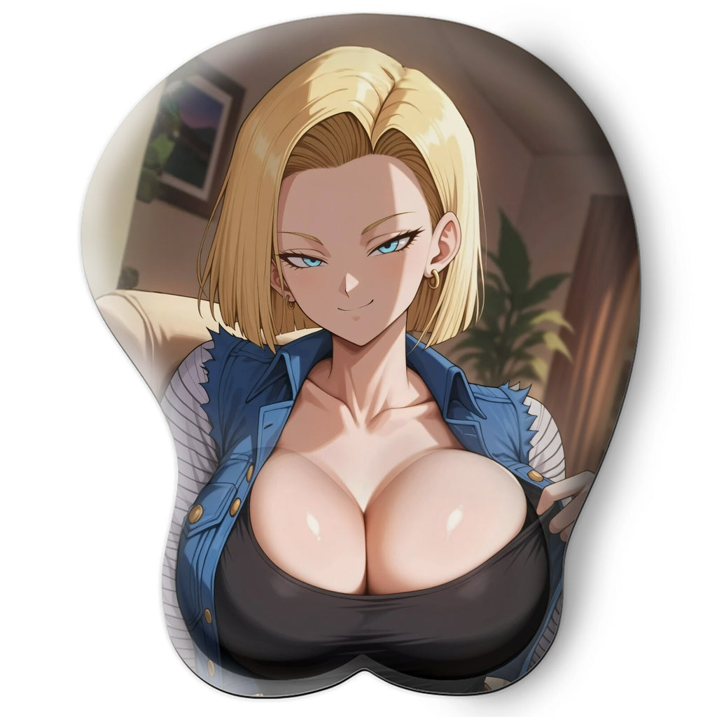 3D oppai Anime Mouse Pad with Silicone Wrist Support, Non-Slip Ergonomic Shape, Dragon Ball anime Character Android n18 #01
