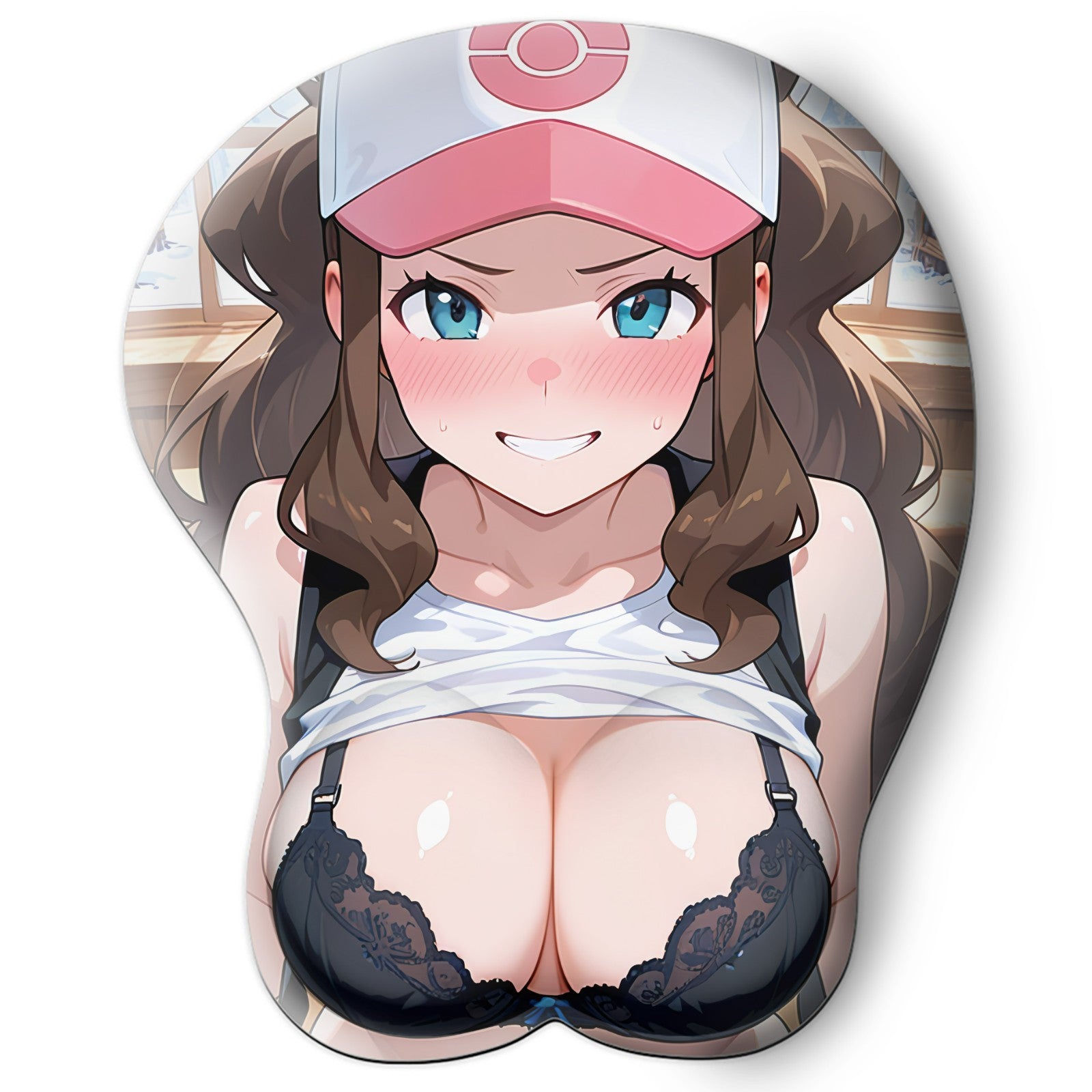 3D oppai Anime Mouse Pad with Silicone Wrist Support, Non-Slip Ergonomic Shape, Pokemon Anime Character Hilda #01