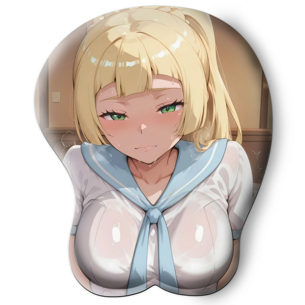 3D oppai Anime Mouse Pad with Silicone Wrist Support, Non-Slip Ergonomic Shape, Pokemon Anime Character Lillie #01