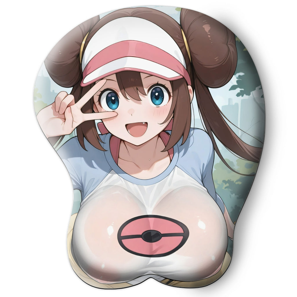 3D oppai Anime Mouse Pad with Silicone Wrist Support, Non-Slip Ergonomic Shape, Pokemon Anime Character Rosa #01